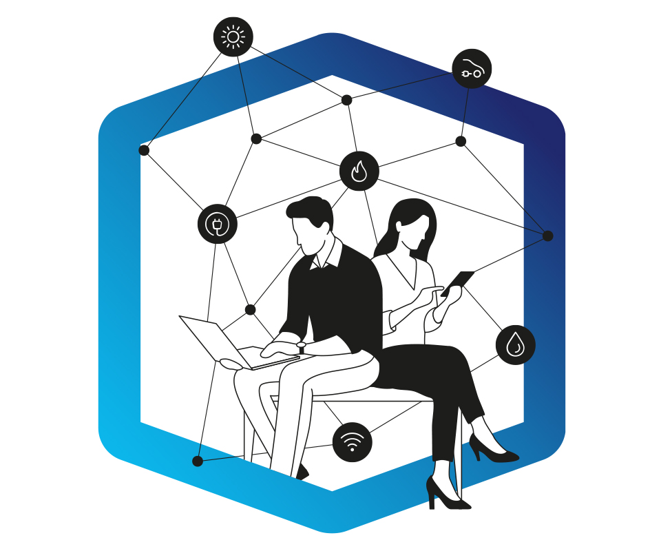Symbolbild für das IWB Kundenportal: Zwei Personen nutzen Laptop und Smartphone, stellvertretend für den digitalen Zugriff auf Rechnungen, Verbrauchsdaten, Zählerstände und persönliche Einstellungen – jederzeit und überall.